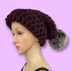 Dena knit slouchy beanie hat burgundy red pom pom womens OS fuzzy